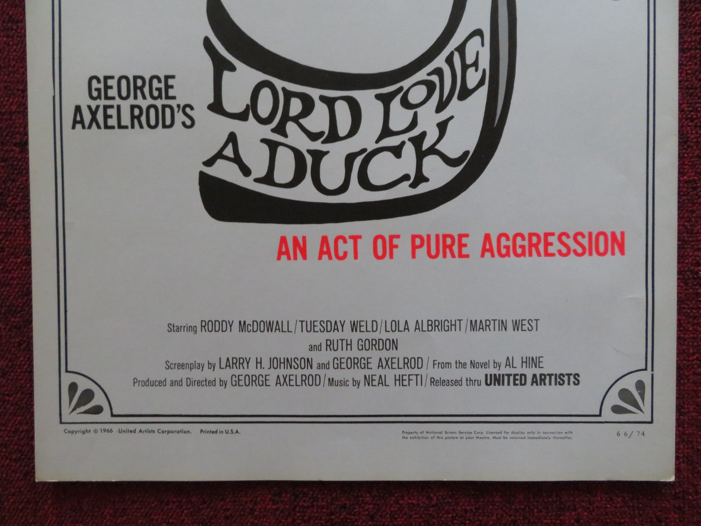 LORD LOVE A DUCK US INSERT (14"x 36") POSTER RODDY MCDOWALL TUESDAY WELD 1966 Rendezvous Cinema Movie posters