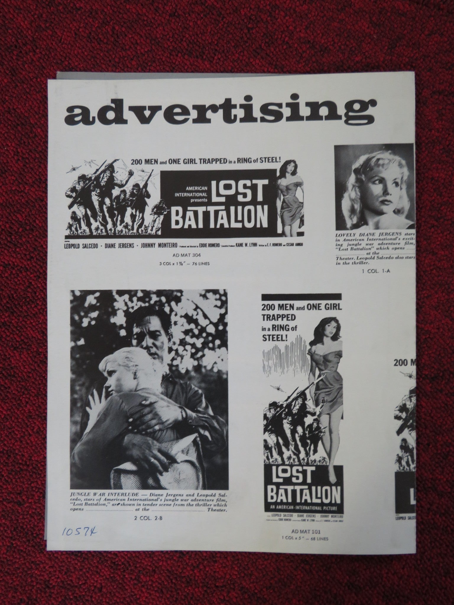 LOST BATTALION UNCUT FLYER LEOPOLD SALCEDO DIANE JERGENS 1960 Rendezvous Cinema Movie posters