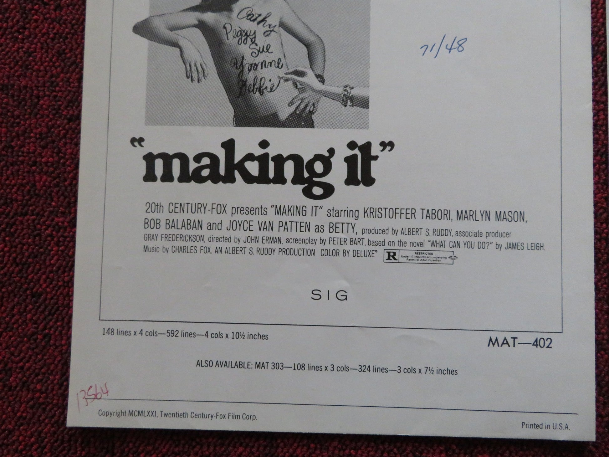 MAKING IT US PRESSBOOK AND SUPPLEMENT - UNCUT BOB BALABAN MARLYN MASON 1971 Rendezvous Cinema Movie posters