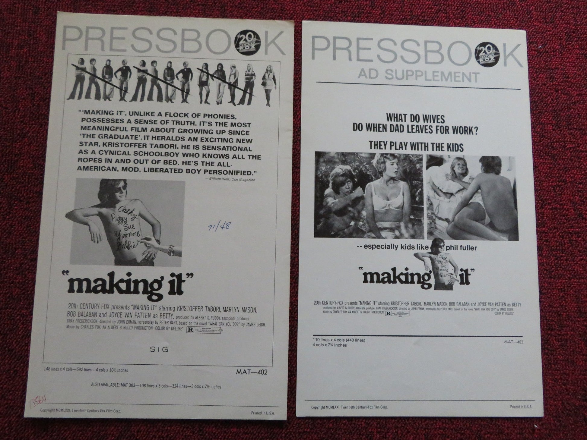MAKING IT US PRESSBOOK AND SUPPLEMENT - UNCUT BOB BALABAN MARLYN MASON 1971 Rendezvous Cinema Movie posters