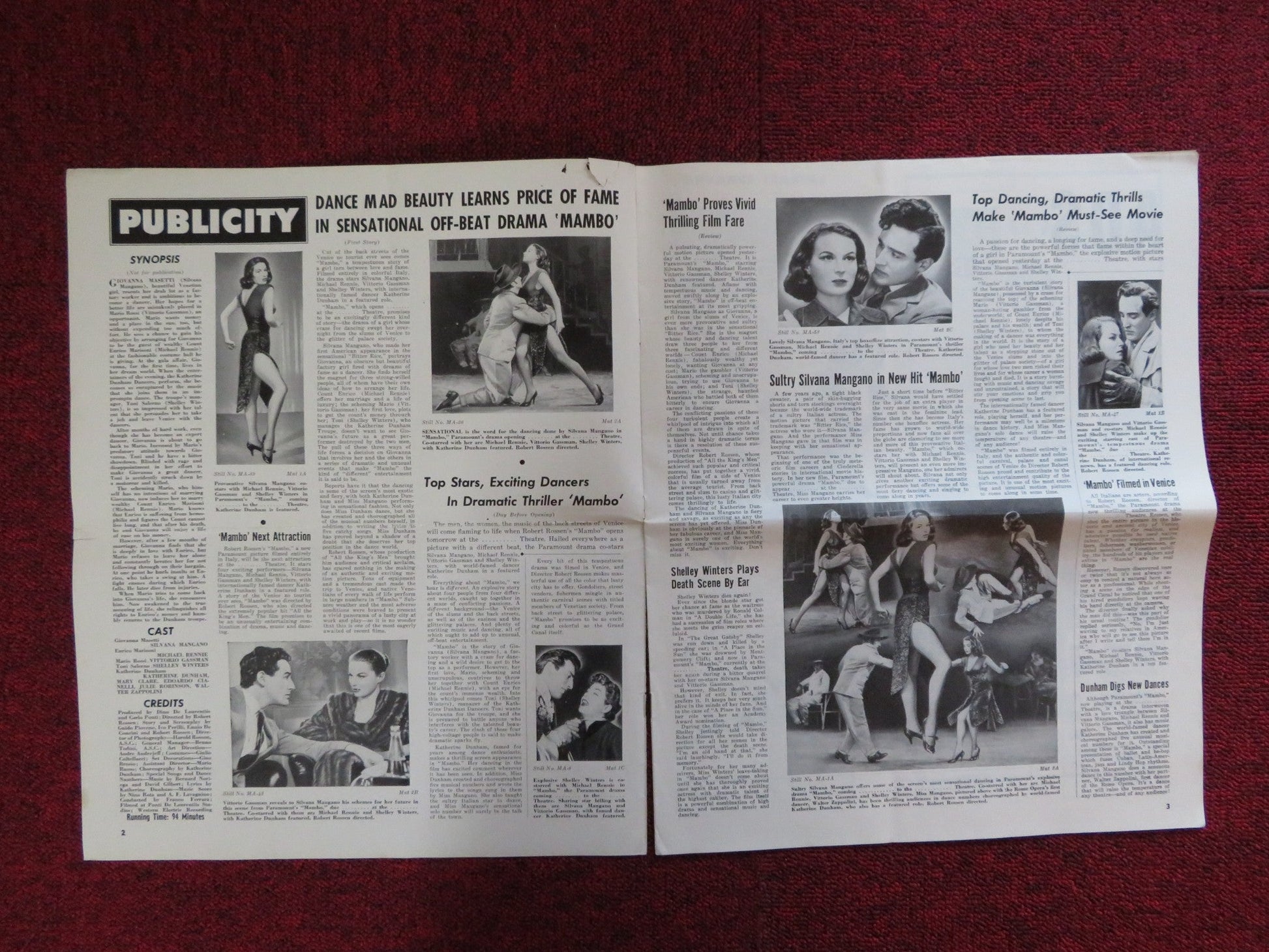 MAMBO UNCUT PARAMOUNT FOLDED PRESS BOOK SILVANA MANGANO VITTORIO GASSMAN 1954 Rendezvous Cinema Movie posters