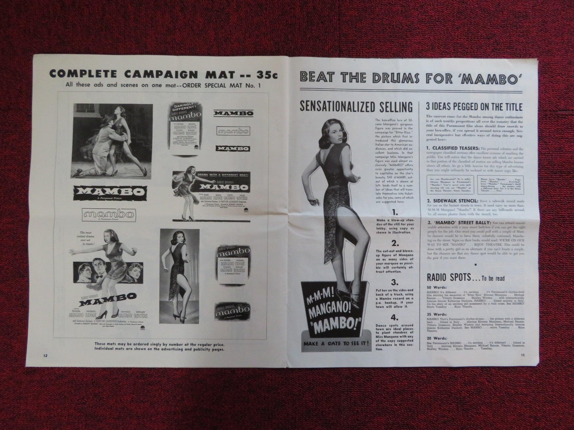 MAMBO UNCUT PARAMOUNT FOLDED PRESS BOOK SILVANA MANGANO VITTORIO GASSMAN 1954 Rendezvous Cinema Movie posters