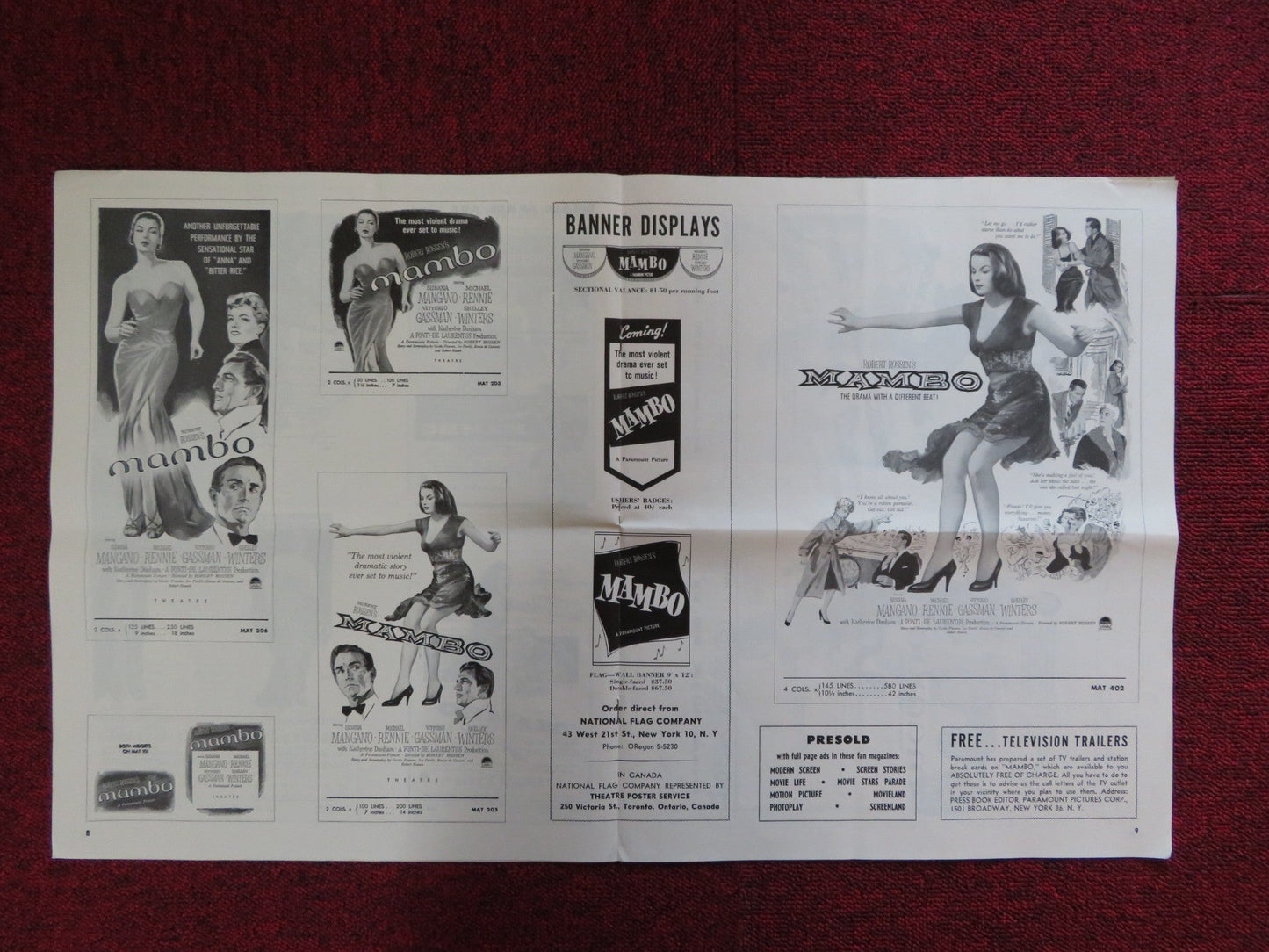 MAMBO UNCUT PARAMOUNT FOLDED PRESS BOOK SILVANA MANGANO VITTORIO GASSMAN 1954 Rendezvous Cinema Movie posters