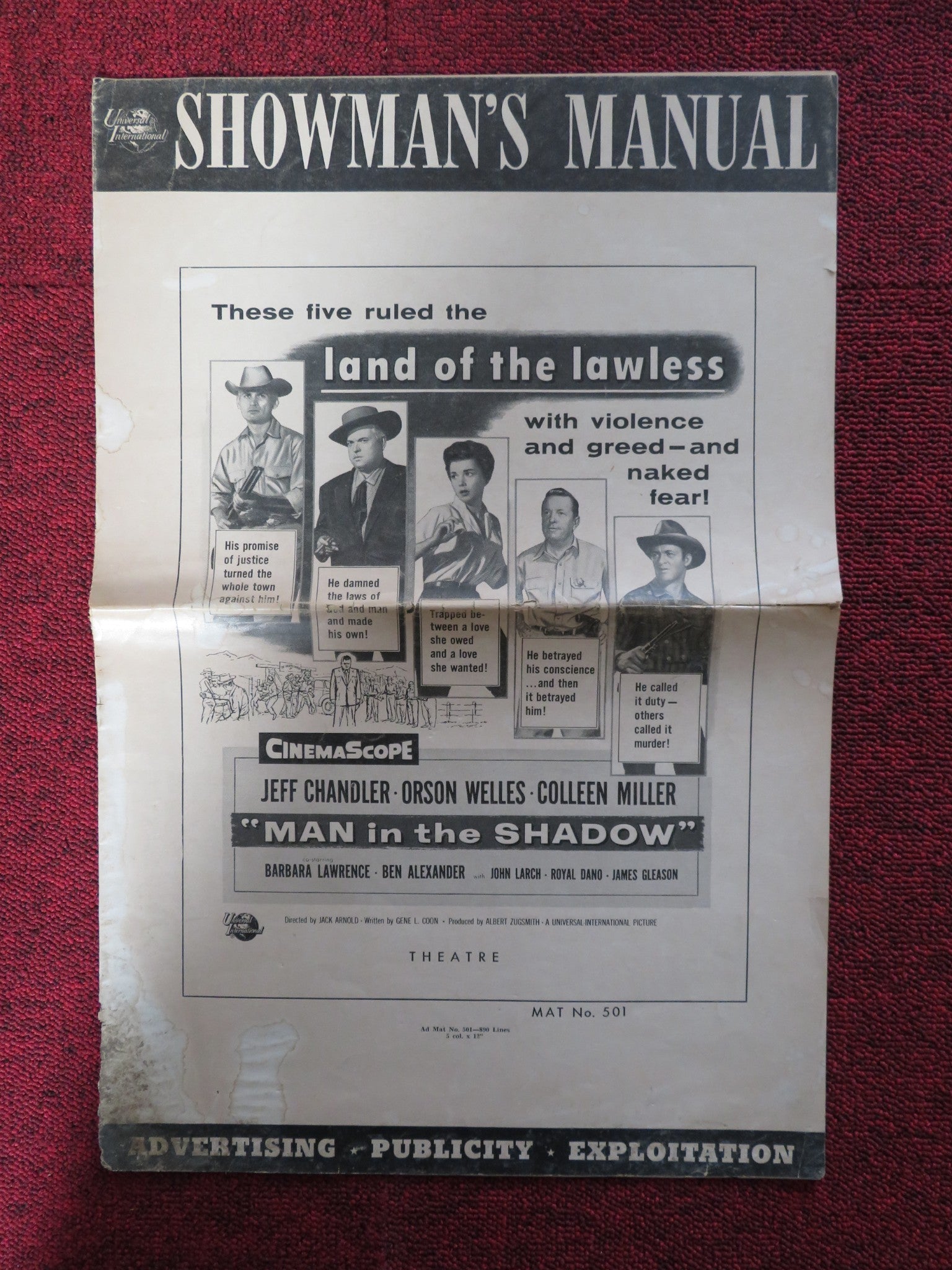 MAN IN THE SHADOW - PRESSBOOK UNCUT UNIVERSAL INTERNATIONAL CHANDLER WELLES 1957 Rendezvous Cinema Movie posters
