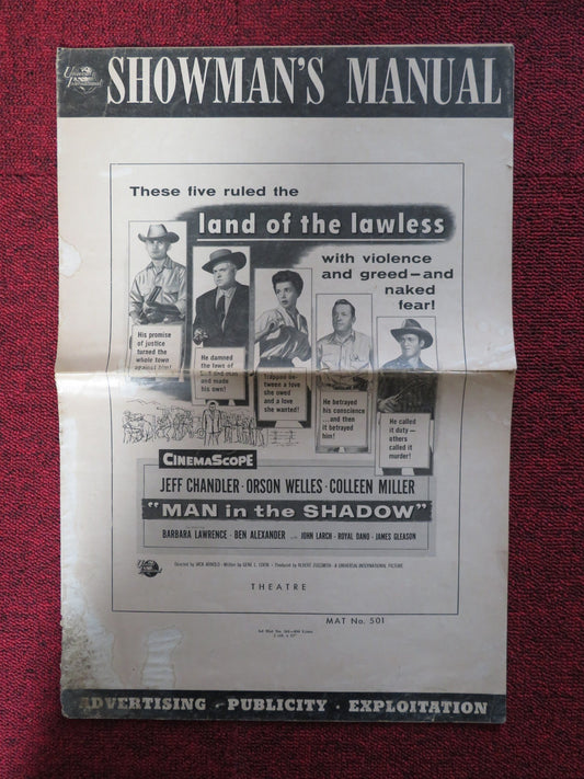 MAN IN THE SHADOW - PRESSBOOK UNCUT UNIVERSAL INTERNATIONAL CHANDLER WELLES 1957 Rendezvous Cinema Movie posters