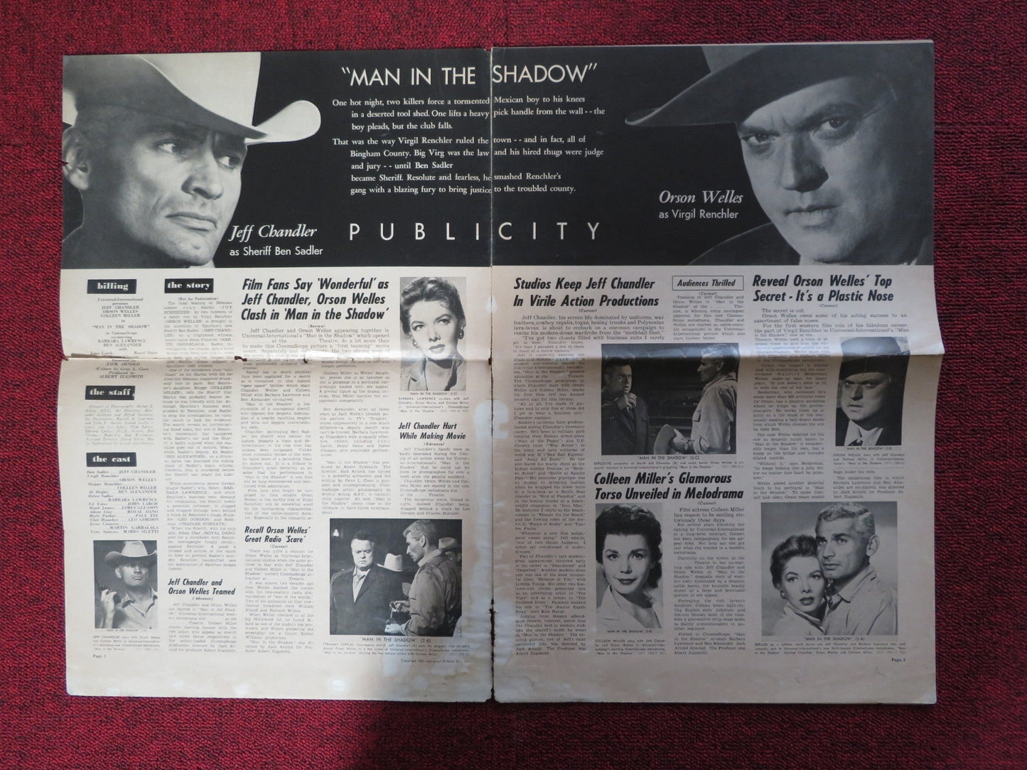 MAN IN THE SHADOW - PRESSBOOK UNCUT UNIVERSAL INTERNATIONAL CHANDLER WELLES 1957 Rendezvous Cinema Movie posters