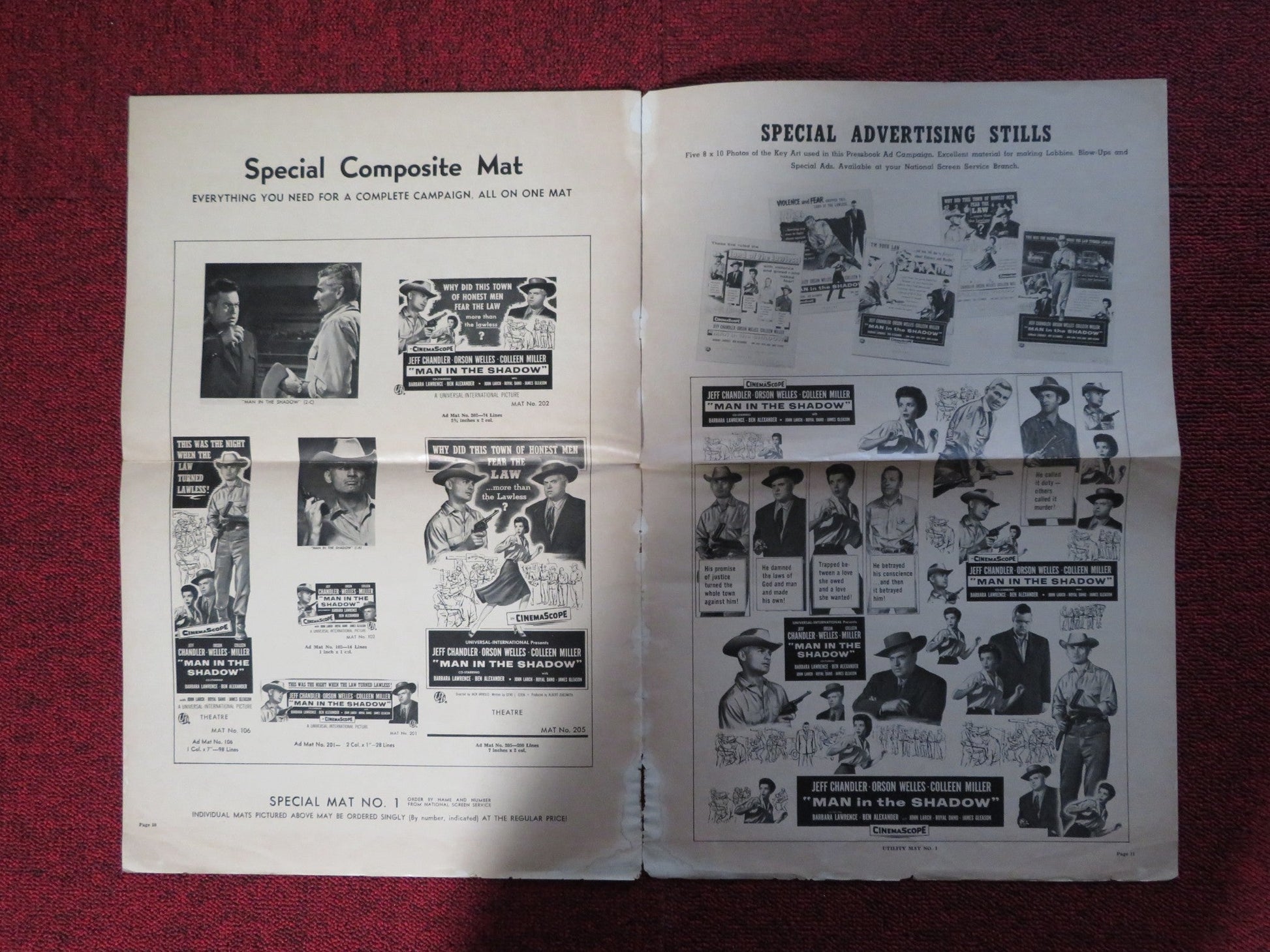 MAN IN THE SHADOW - PRESSBOOK UNCUT UNIVERSAL INTERNATIONAL CHANDLER WELLES 1957 Rendezvous Cinema Movie posters