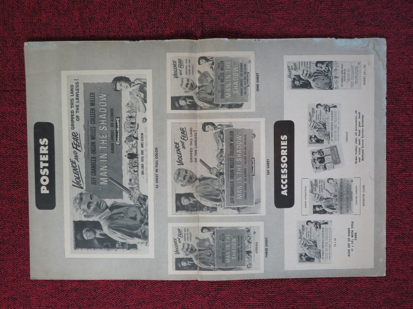 MAN IN THE SHADOW - PRESSBOOK UNCUT UNIVERSAL INTERNATIONAL CHANDLER WELLES 1957 Rendezvous Cinema Movie posters