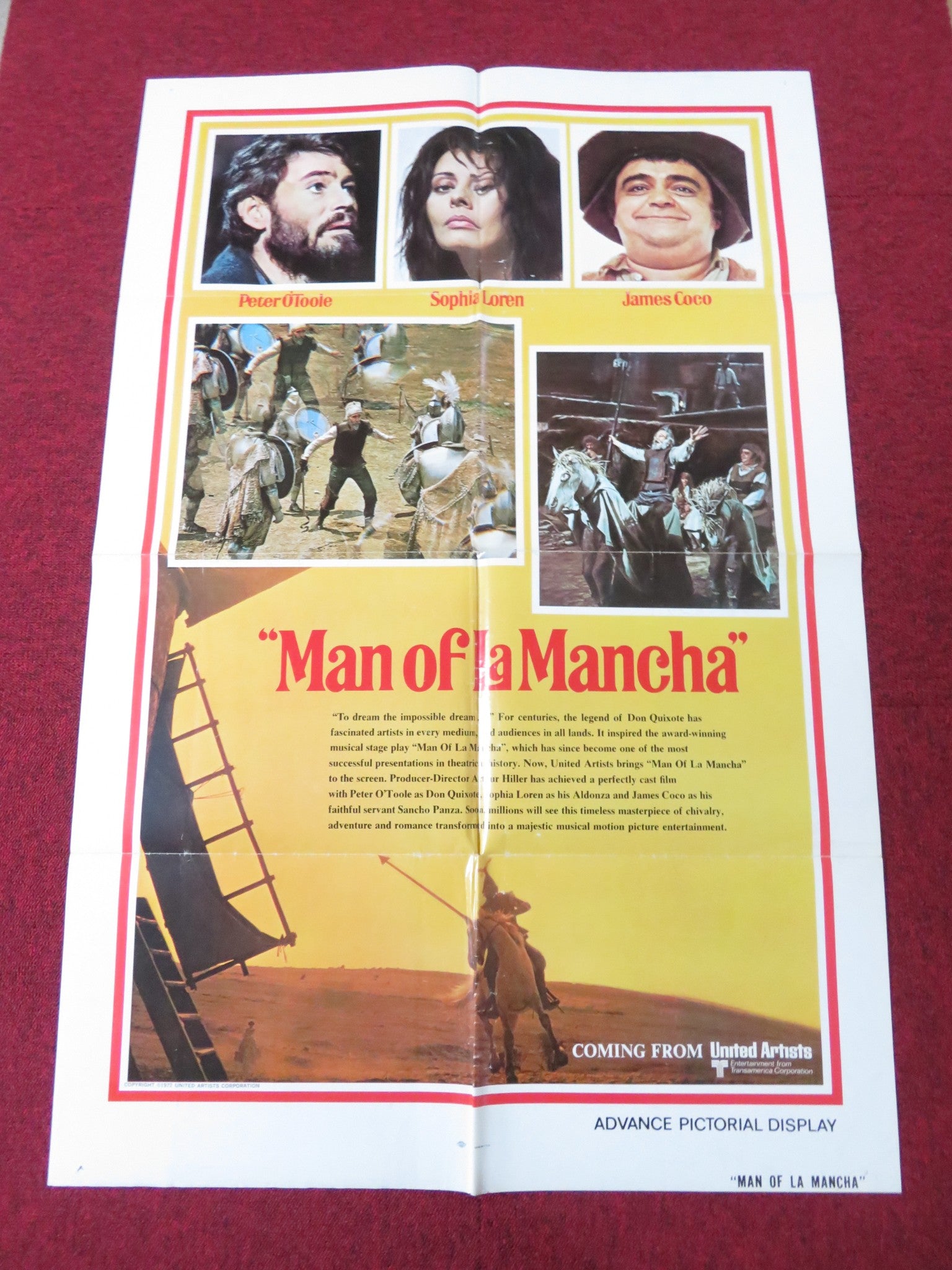 MAN OF LA MANCHA - ADVANCE FOLDED US ONE SHEET POSTER PETER O'TOOLE LOREN 1972 Rendezvous Cinema Movie posters