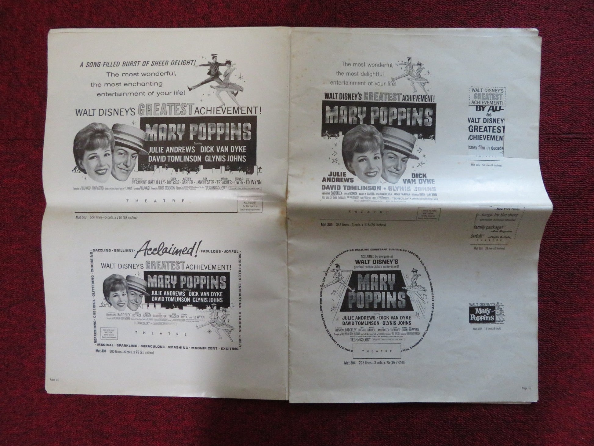MARY POPPINS FOLDED PRESSBOOK CUT BUENA VISTA DISNEY JULIE ANDREWS 1964 Rendezvous Cinema Movie posters