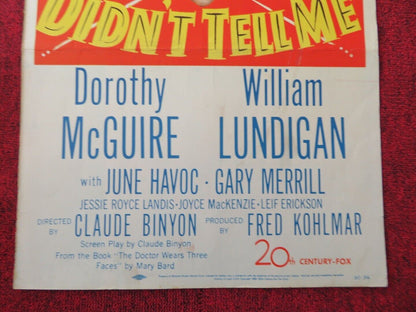 MOTHER DIDN'T TELL ME US INSERT (14"x 36") POSTER DOROTHY MCGUIRE 1950 Movie posters