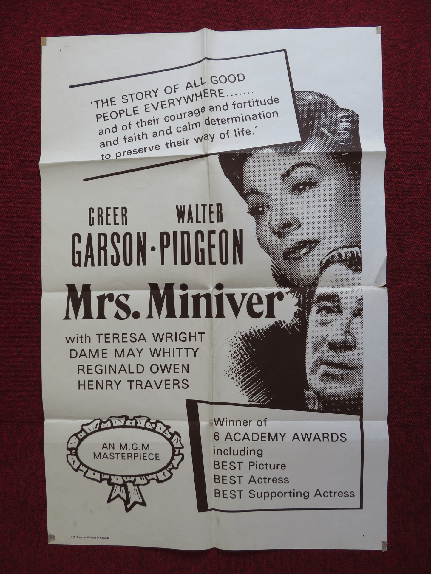 MRS. MINIVER FOLDED US ONE SHEET POSTER GREER GARSON WALTER PIDGEON 1971 Rendezvous Cinema Movie posters