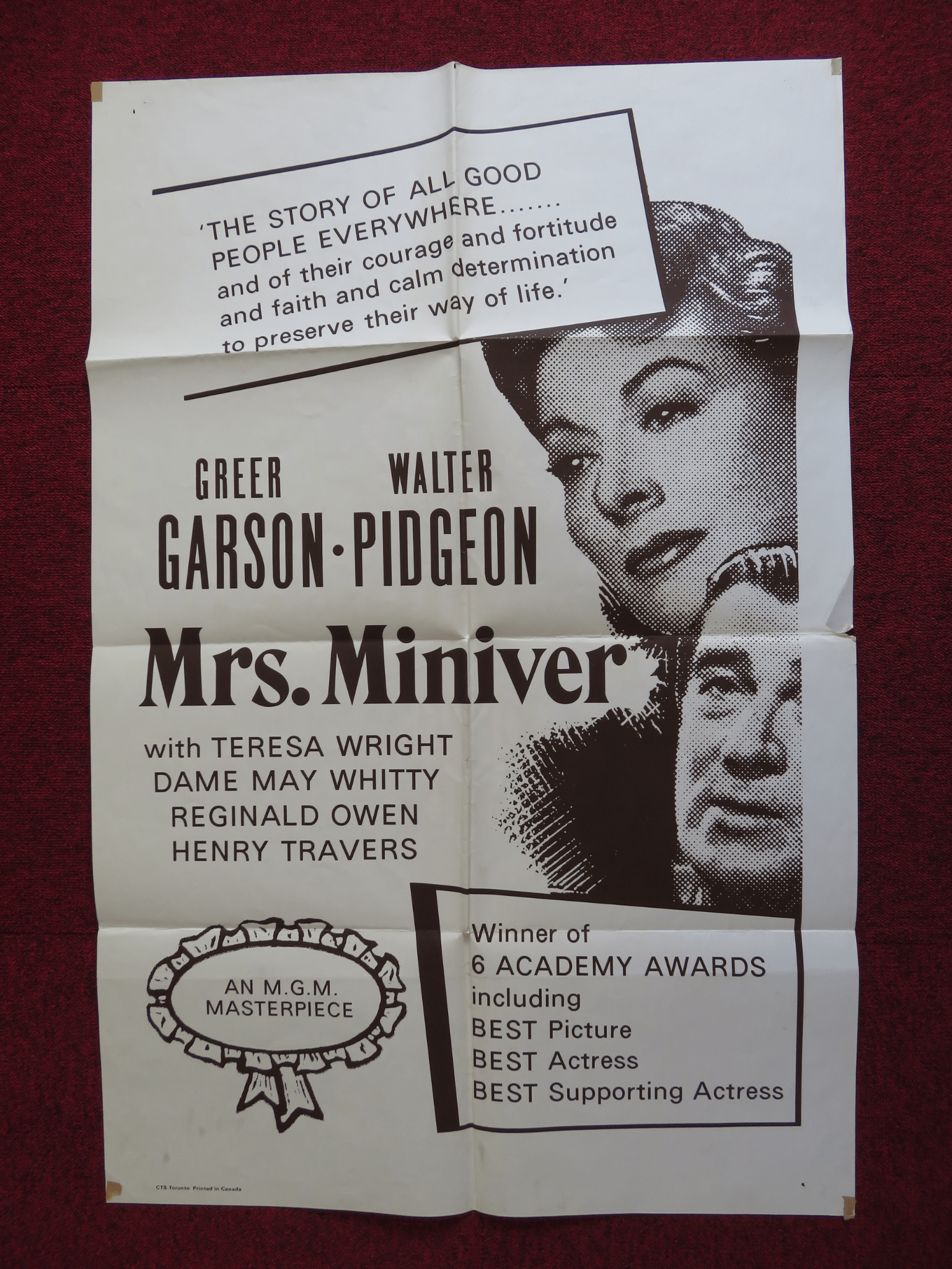 MRS. MINIVER FOLDED US ONE SHEET POSTER GREER GARSON WALTER PIDGEON 1971 Rendezvous Cinema Movie posters