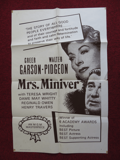 MRS. MINIVER FOLDED US ONE SHEET POSTER GREER GARSON WALTER PIDGEON 1971 Rendezvous Cinema Movie posters