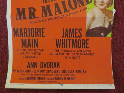 MRS O'MALLEY AND MR MALONE US INSERT (14"x 36") POSTER MARJORIE MAIN 1950 Movie posters