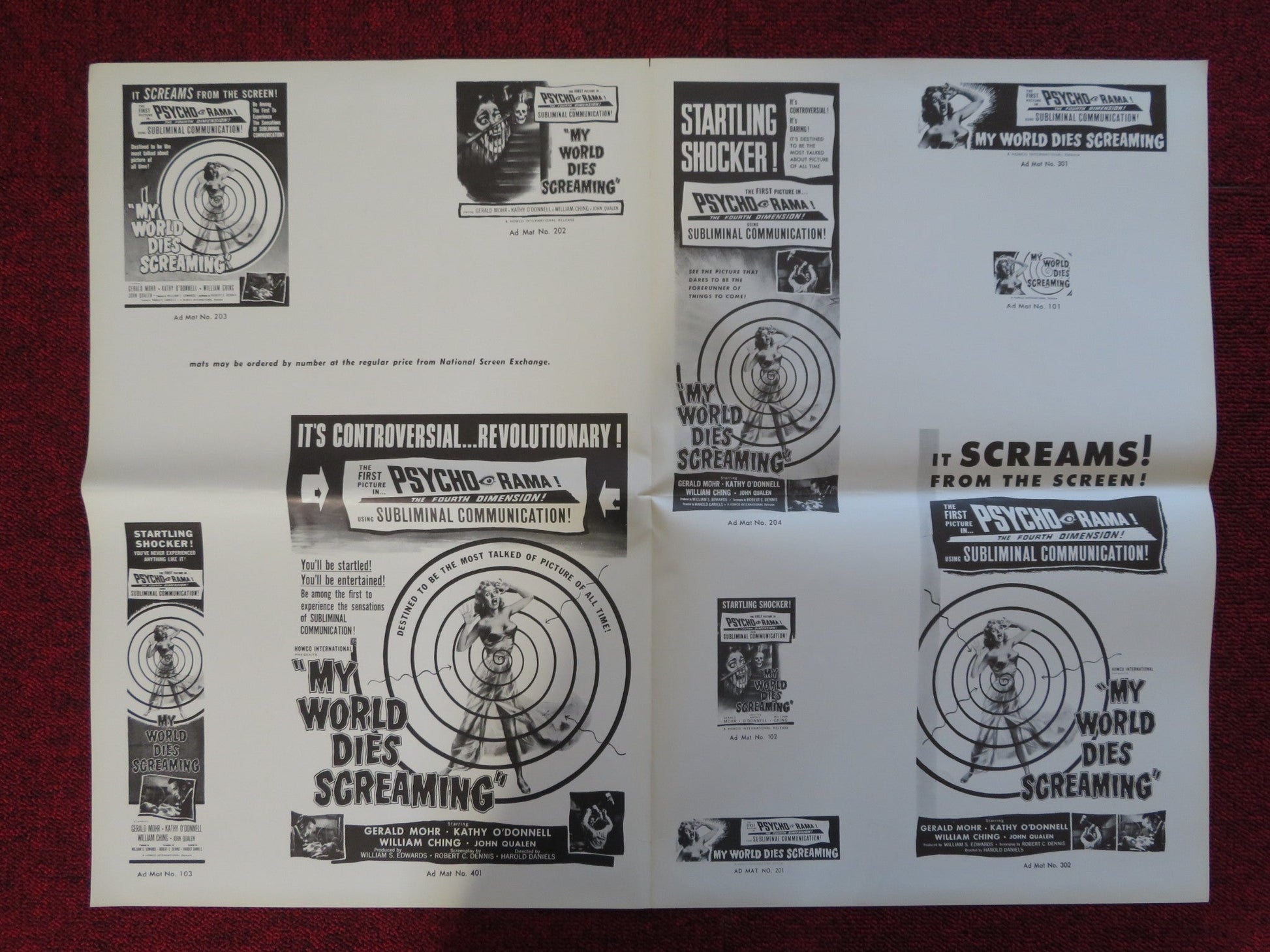 MY WORLD DIES SCREAMING UNCUT HOWCO INTERNATIONAL FOLDED PRESS BOOK G MOHR 1958 Rendezvous Cinema Movie posters