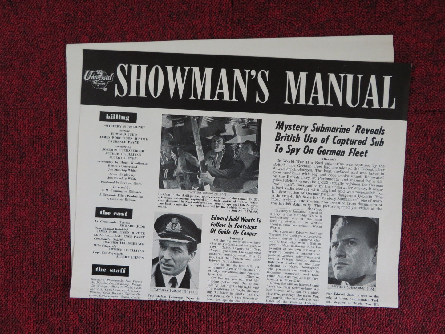 MYSTERY SUBMARINE UNCUT UNIVERSAL PICTURES FOLDED PRESS BOOK 1963 Rendezvous Cinema Movie posters