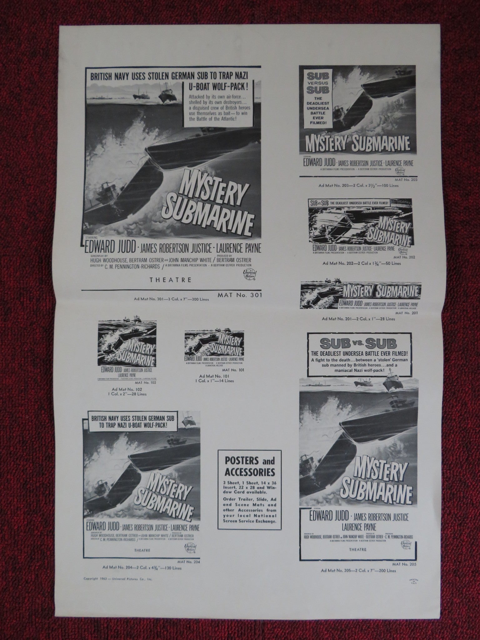 MYSTERY SUBMARINE UNCUT UNIVERSAL PICTURES FOLDED PRESS BOOK 1963 Rendezvous Cinema Movie posters