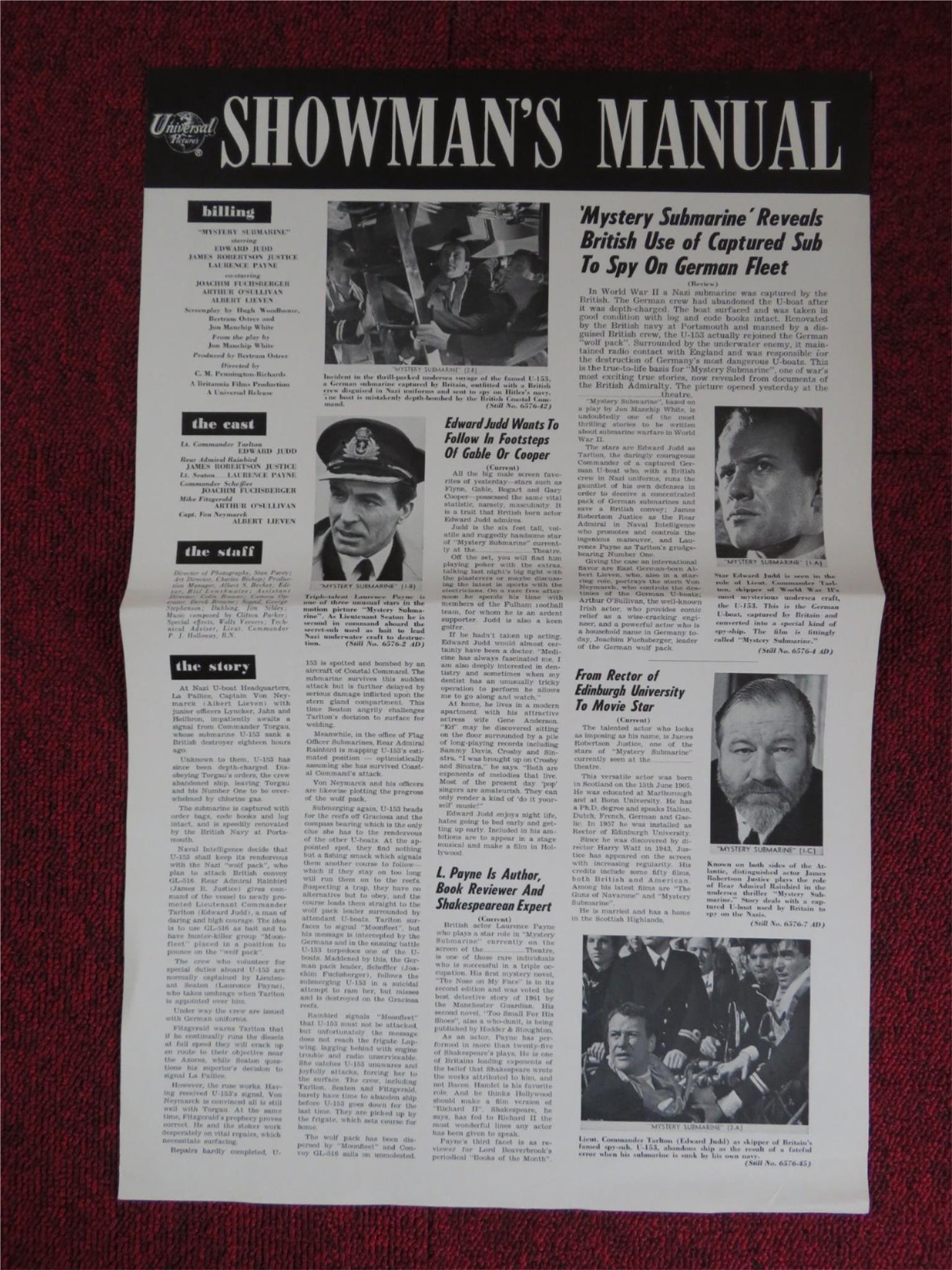 MYSTERY SUBMARINE UNCUT UNIVERSAL PICTURES FOLDED PRESS BOOK 1963 Rendezvous Cinema Movie posters