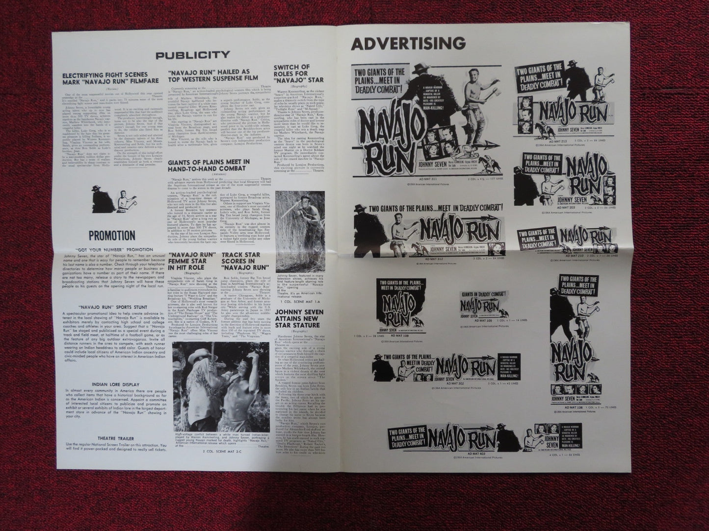 NAVAJO RUN - PRESSBOOK UNCUT AMERICAN INTERNATIONAL JOHNNY SEVEN WARREN 1964 Rendezvous Cinema Movie posters