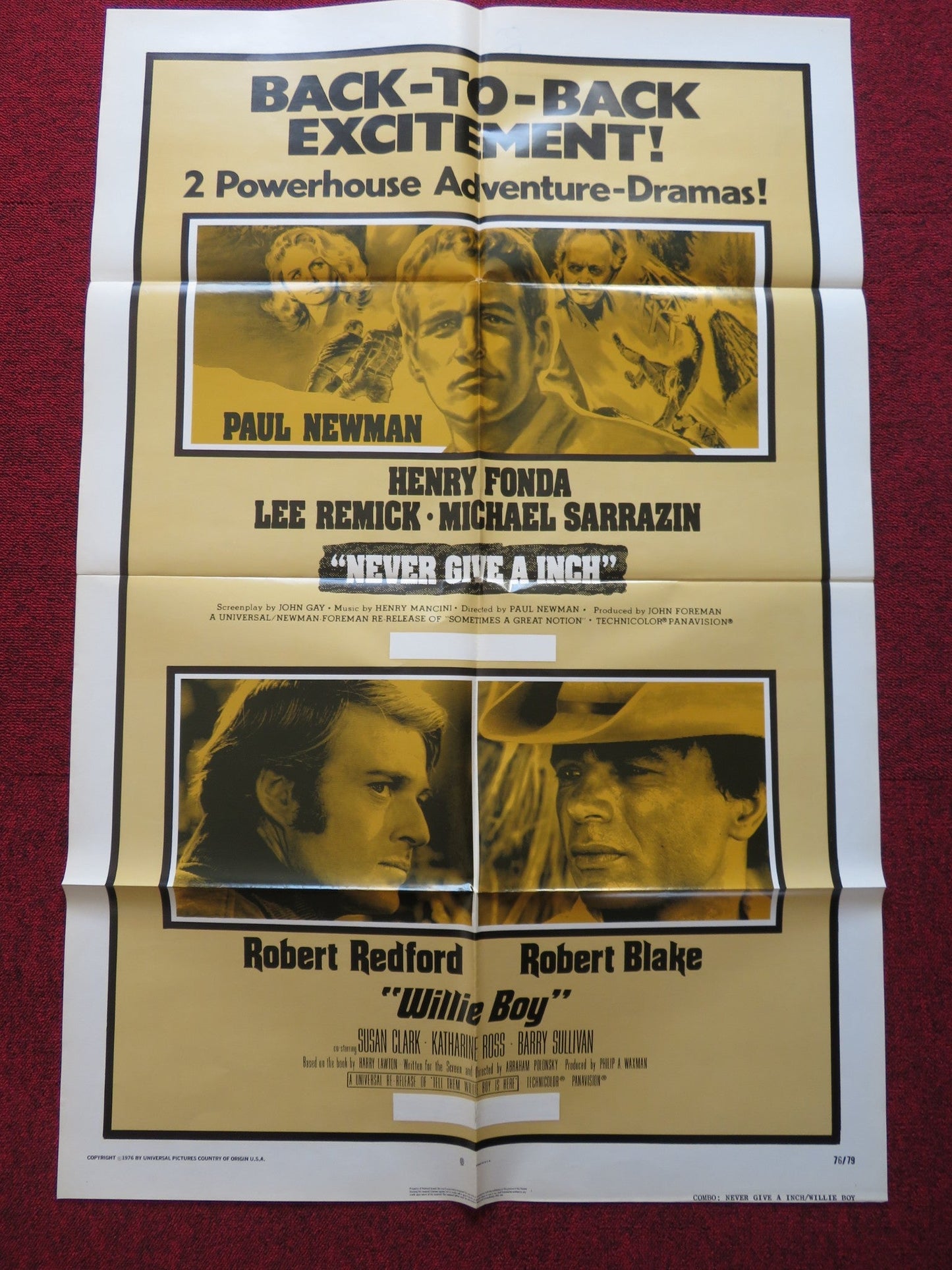NEVER GIVE A INCH / WILLIE BOY COMBO FOLDED US ONE SHEET POSTER PAUL NEWMAN 1976 Rendezvous Cinema Movie posters
