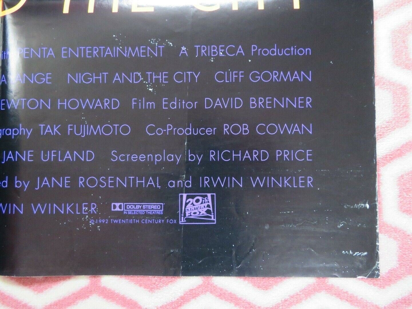 NIGHT AND THE CITY US ONE SHEET POSTER ROBERT DE NIRO JESSICAL LANGE 1992 Movie posters