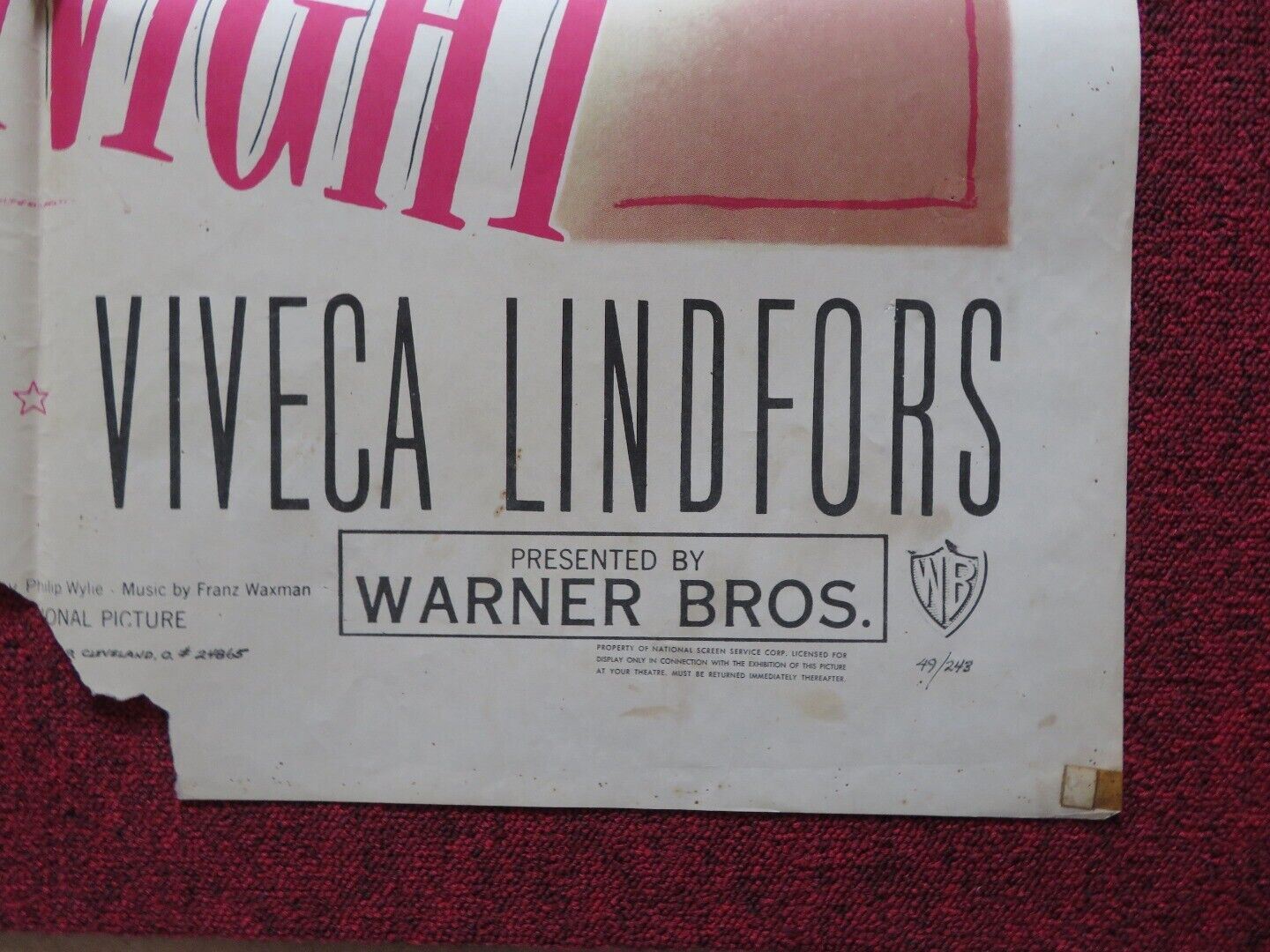 NIGHT UNTO NIGHT FOLDED US ONE SHEET POSTER RONALD REGAN VIVECA LINDFORS 1949 Movie posters