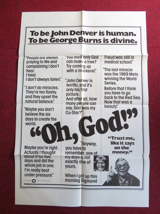 OH, GOD! - A FOLDED US ONE SHEET POSTER GEORGE BURNS JOHN DENVER 1977 Rendezvous Cinema Movie posters