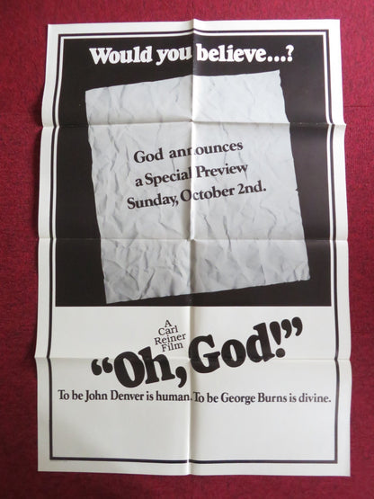 OH, GOD! - PREVIEW FOLDED US ONE SHEET POSTER GEORGE BURNS JOHN DENVER 1977 Rendezvous Cinema Movie posters