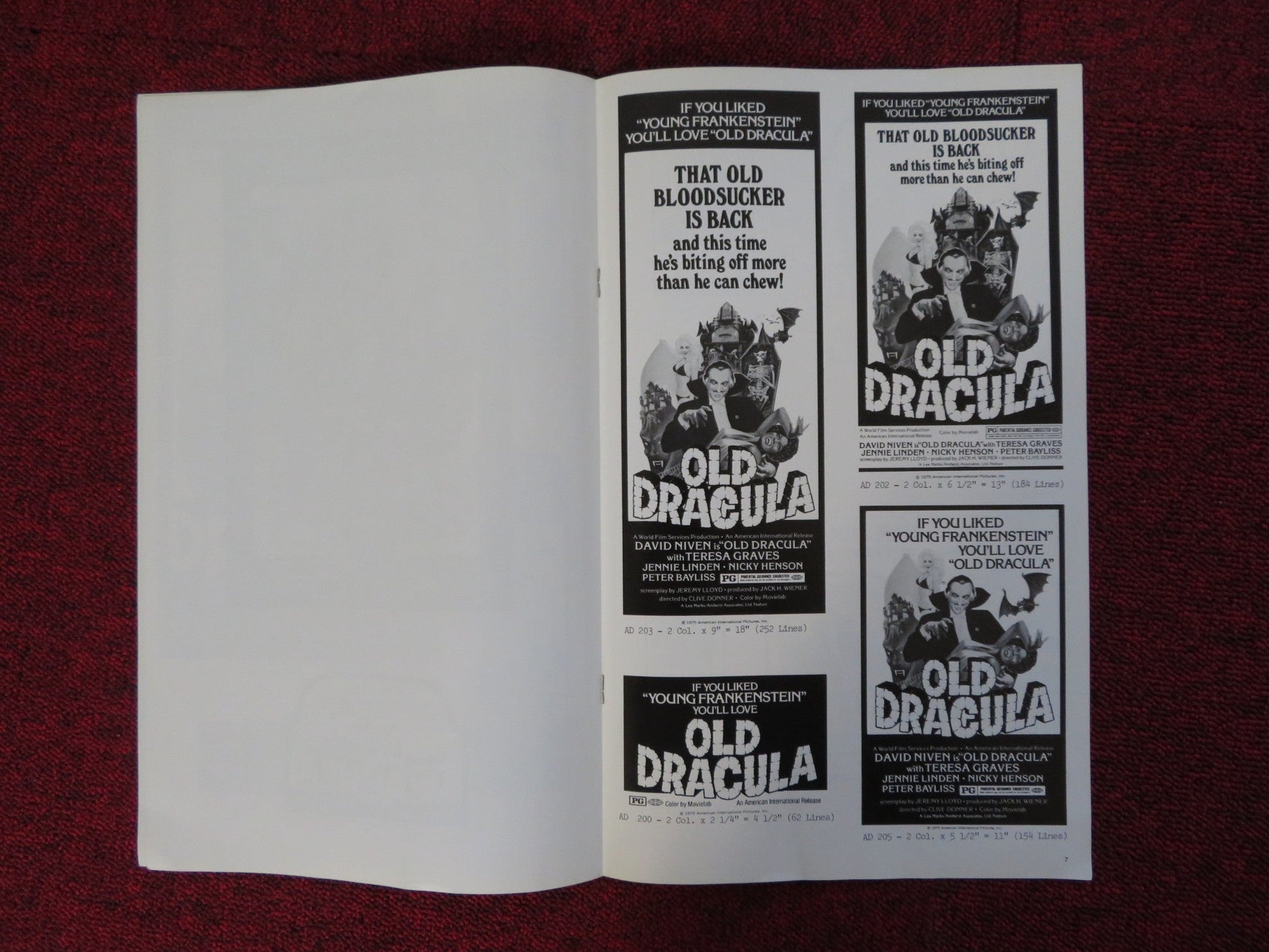 OLD DRACULA UNCUT AMERICAN INTERNATIONAL PRESS BOOK DAVID NIVEN GRAVES 1974 Rendezvous Cinema Movie posters