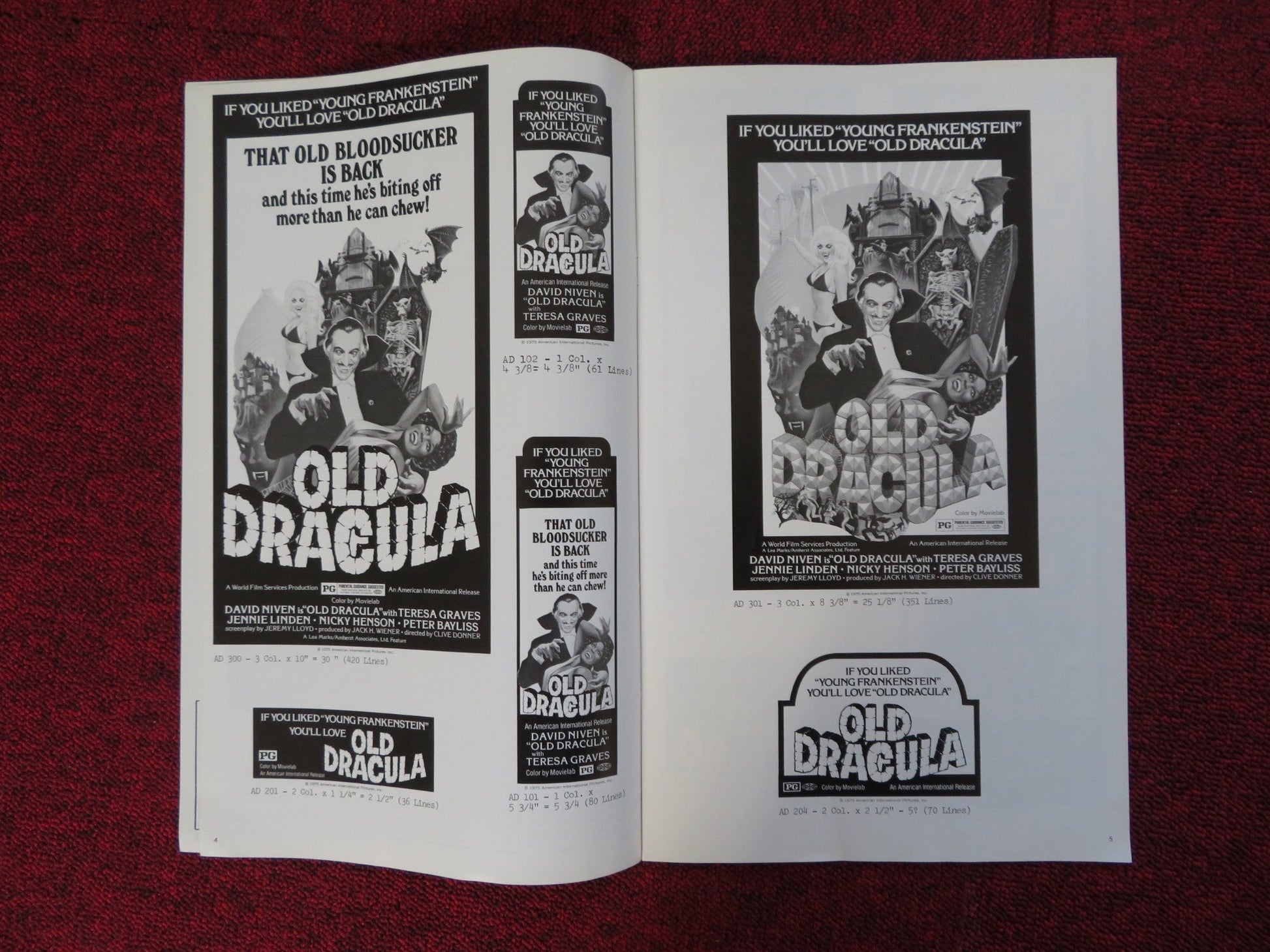 OLD DRACULA UNCUT AMERICAN INTERNATIONAL PRESS BOOK DAVID NIVEN GRAVES 1974 Rendezvous Cinema Movie posters