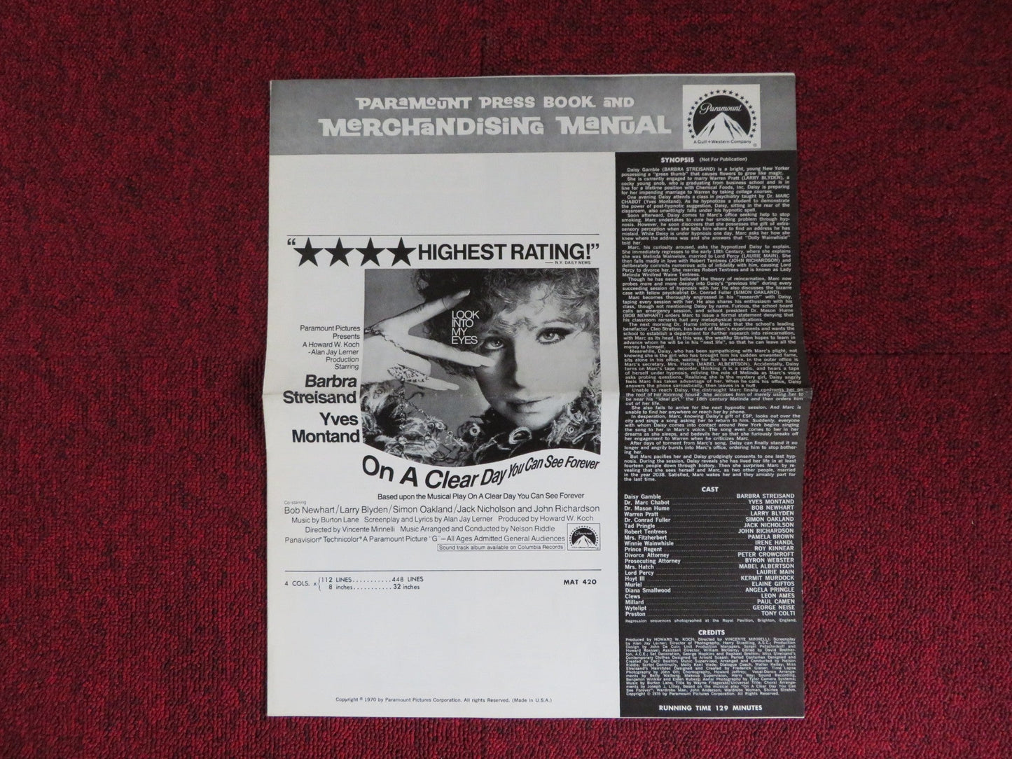 ON A CLEAR DAY YOU CAN SEE FOREVER UNCUT PARAMOUNT FOLDED PRESS BOOK STREISAND Rendezvous Cinema Movie posters