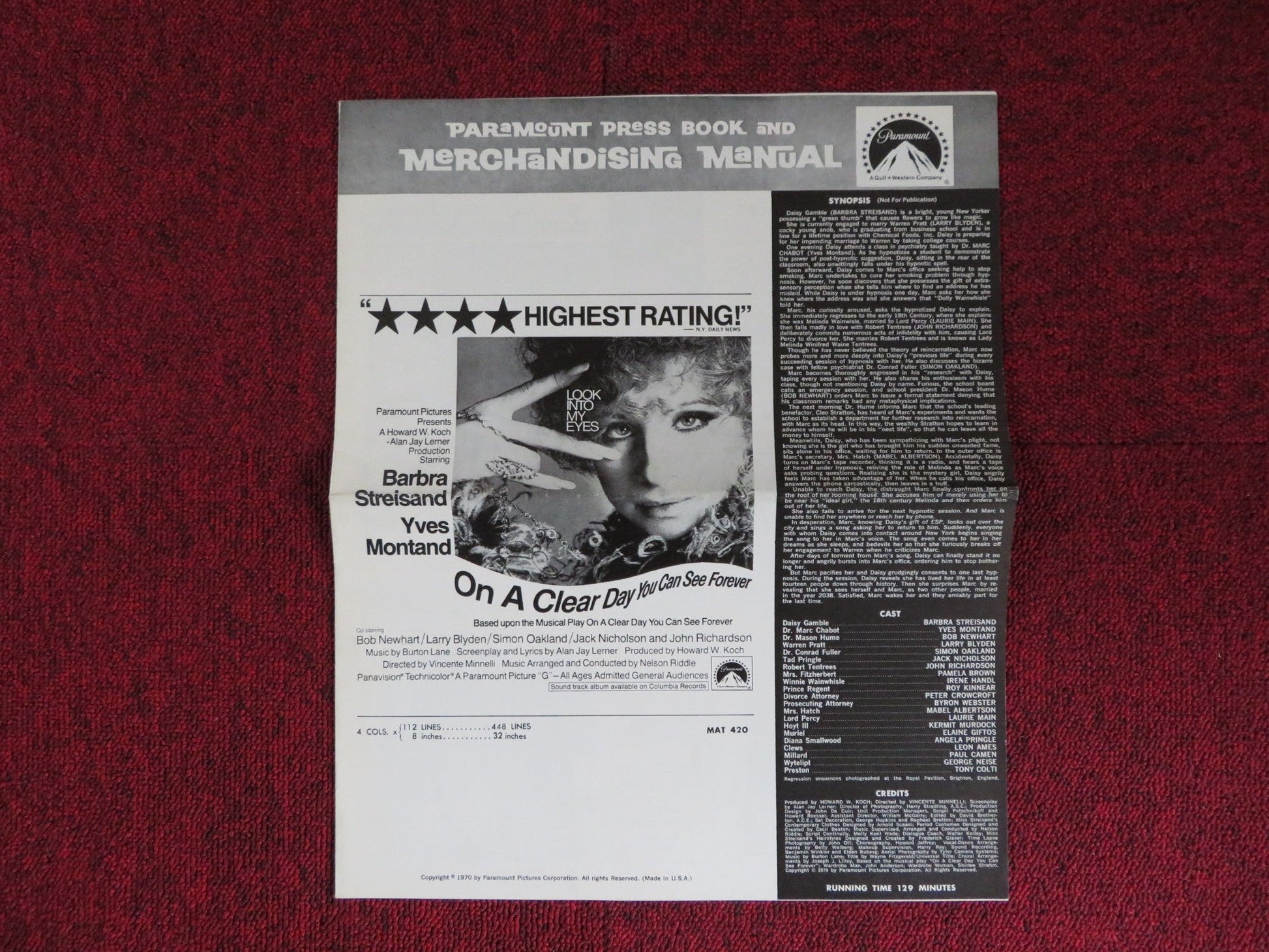 ON A CLEAR DAY YOU CAN SEE FOREVER UNCUT PARAMOUNT FOLDED PRESS BOOK STREISAND Rendezvous Cinema Movie posters