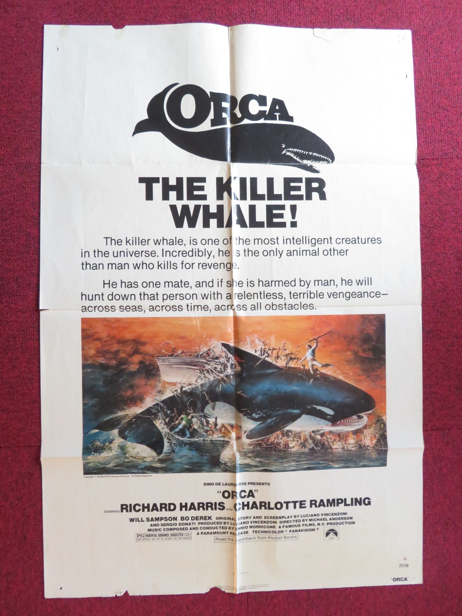 ORCA FOLDED US ONE SHEET POSTER RICHARD HARRIS CHARLOTTE RAMPLING 1977 Rendezvous Cinema Movie posters