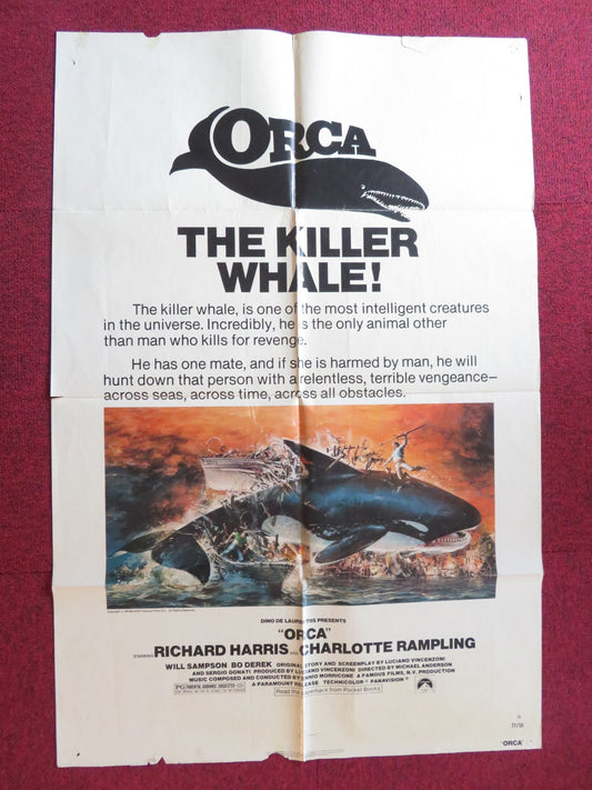 ORCA FOLDED US ONE SHEET POSTER RICHARD HARRIS CHARLOTTE RAMPLING 1977 Rendezvous Cinema Movie posters