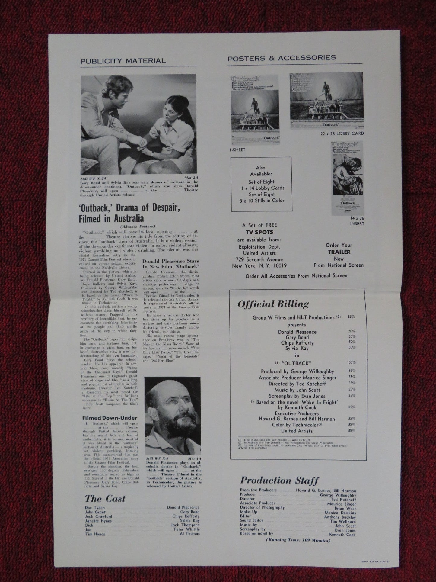 OUTBACK UNCUT UNITED ARTISTS FOLDED PRESS BOOK DONALD PLEASENCE GARY BOND 1971 Rendezvous Cinema Movie posters