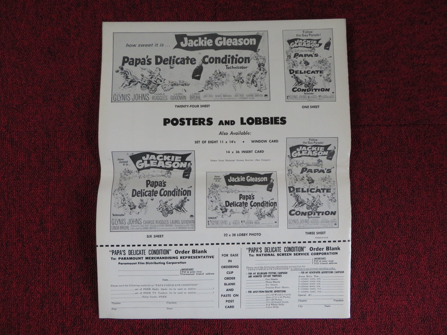 PAPA'S DELICATE CONDITION UNCUT PARAMOUNT FOLDED PRESS BOOK JACKIE GLEESON 1963 Rendezvous Cinema Movie posters