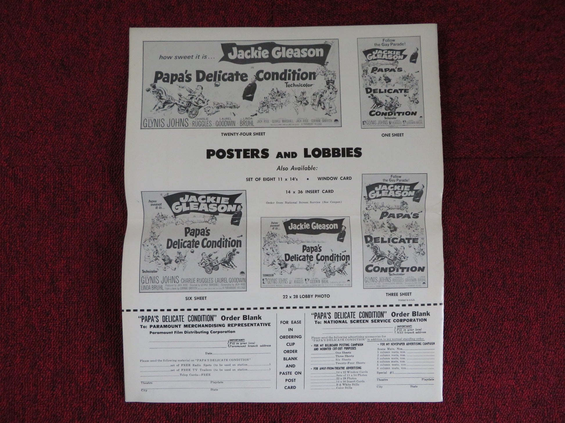 PAPA'S DELICATE CONDITION UNCUT PARAMOUNT FOLDED PRESS BOOK JACKIE GLEESON 1963 Rendezvous Cinema Movie posters