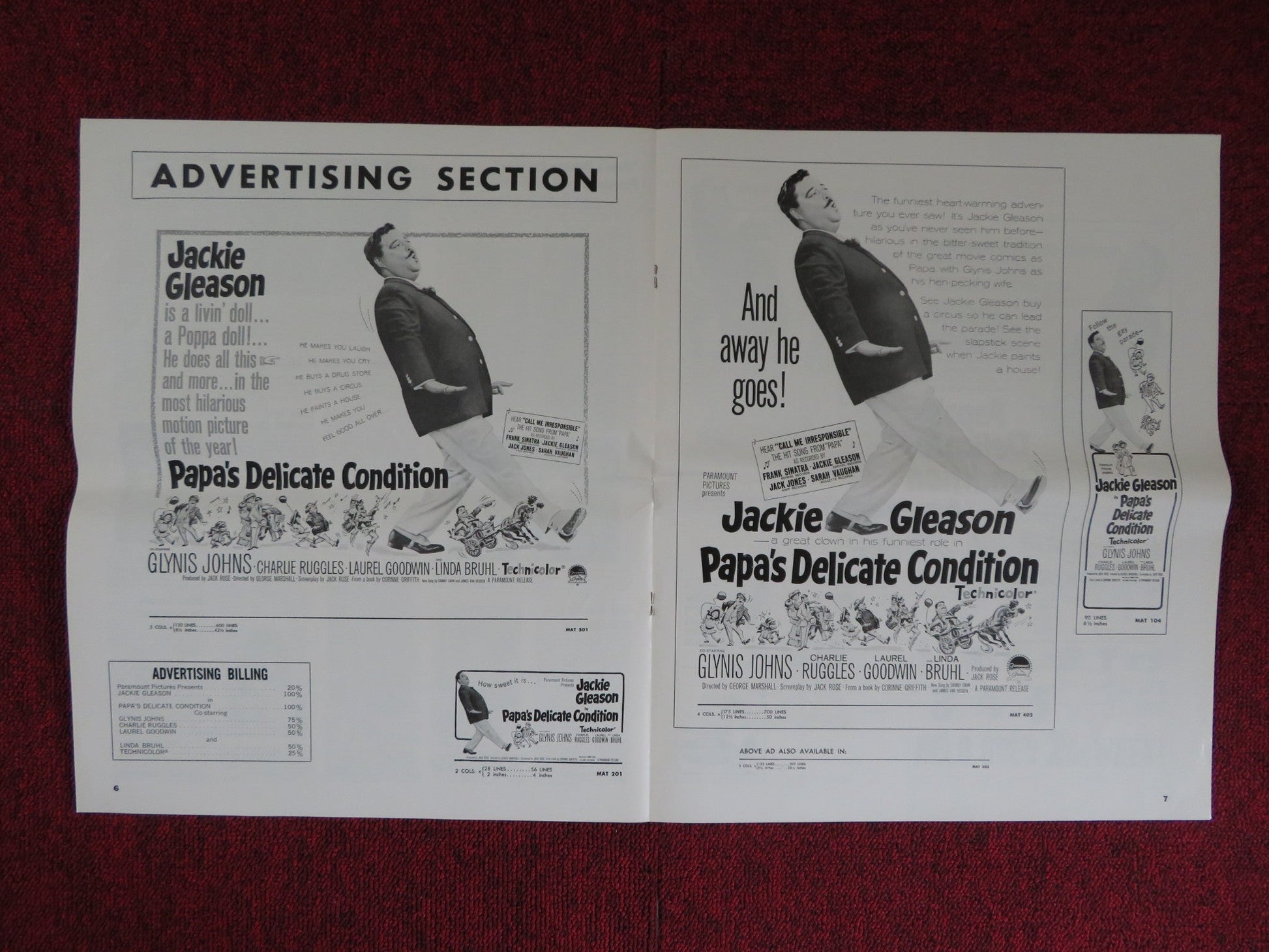 PAPA'S DELICATE CONDITION UNCUT PARAMOUNT FOLDED PRESS BOOK JACKIE GLEESON 1963 Rendezvous Cinema Movie posters