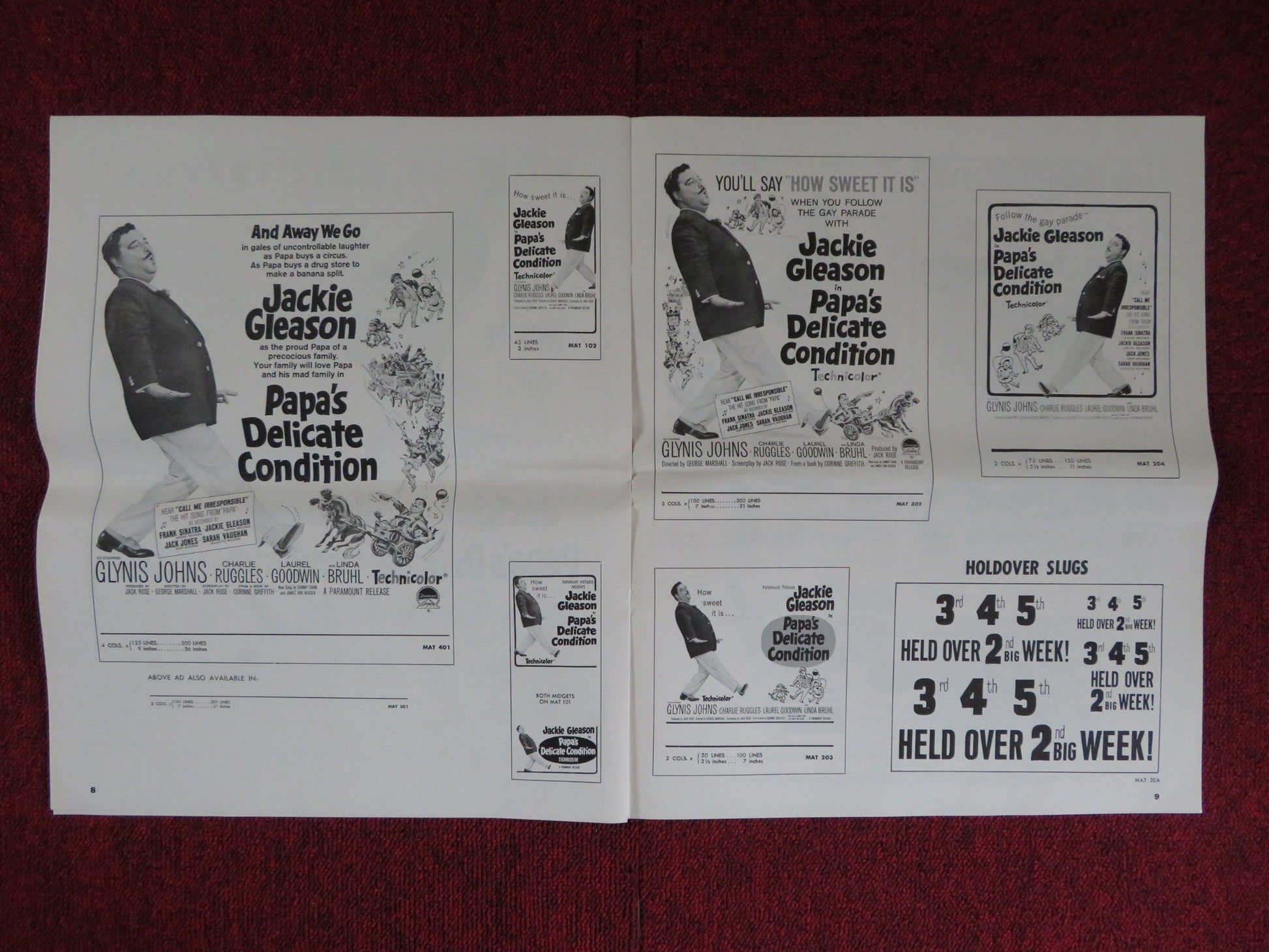 PAPA'S DELICATE CONDITION UNCUT PARAMOUNT FOLDED PRESS BOOK JACKIE GLEESON 1963 Rendezvous Cinema Movie posters