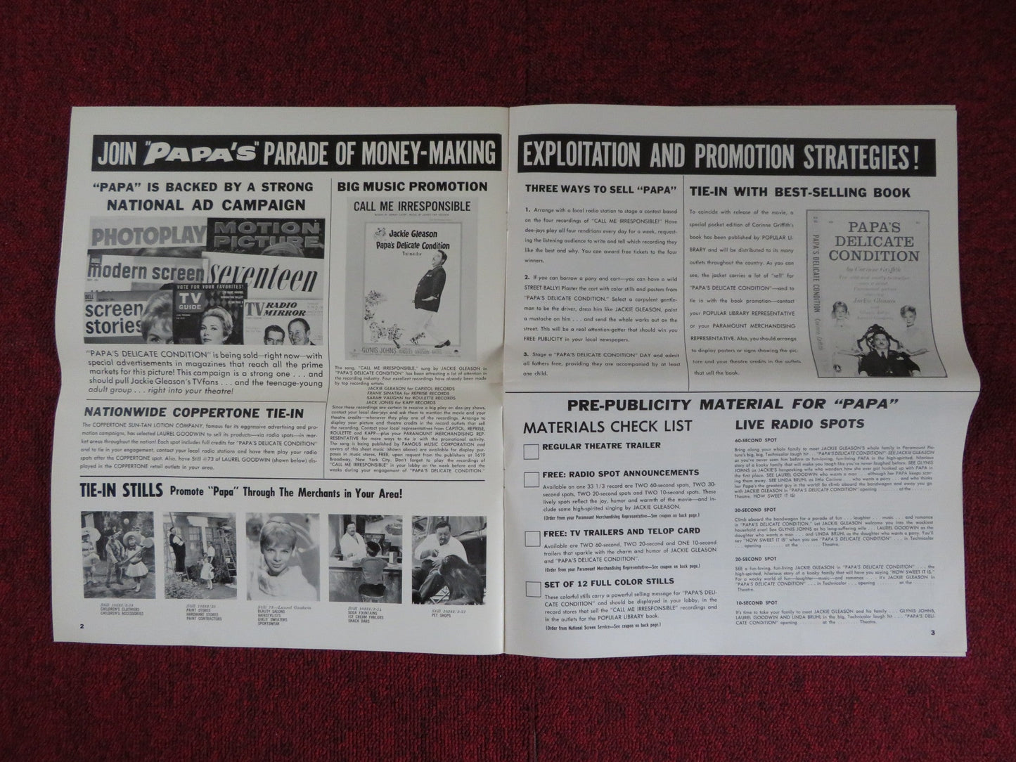 PAPA'S DELICATE CONDITION UNCUT PARAMOUNT FOLDED PRESS BOOK JACKIE GLEESON 1963 Rendezvous Cinema Movie posters