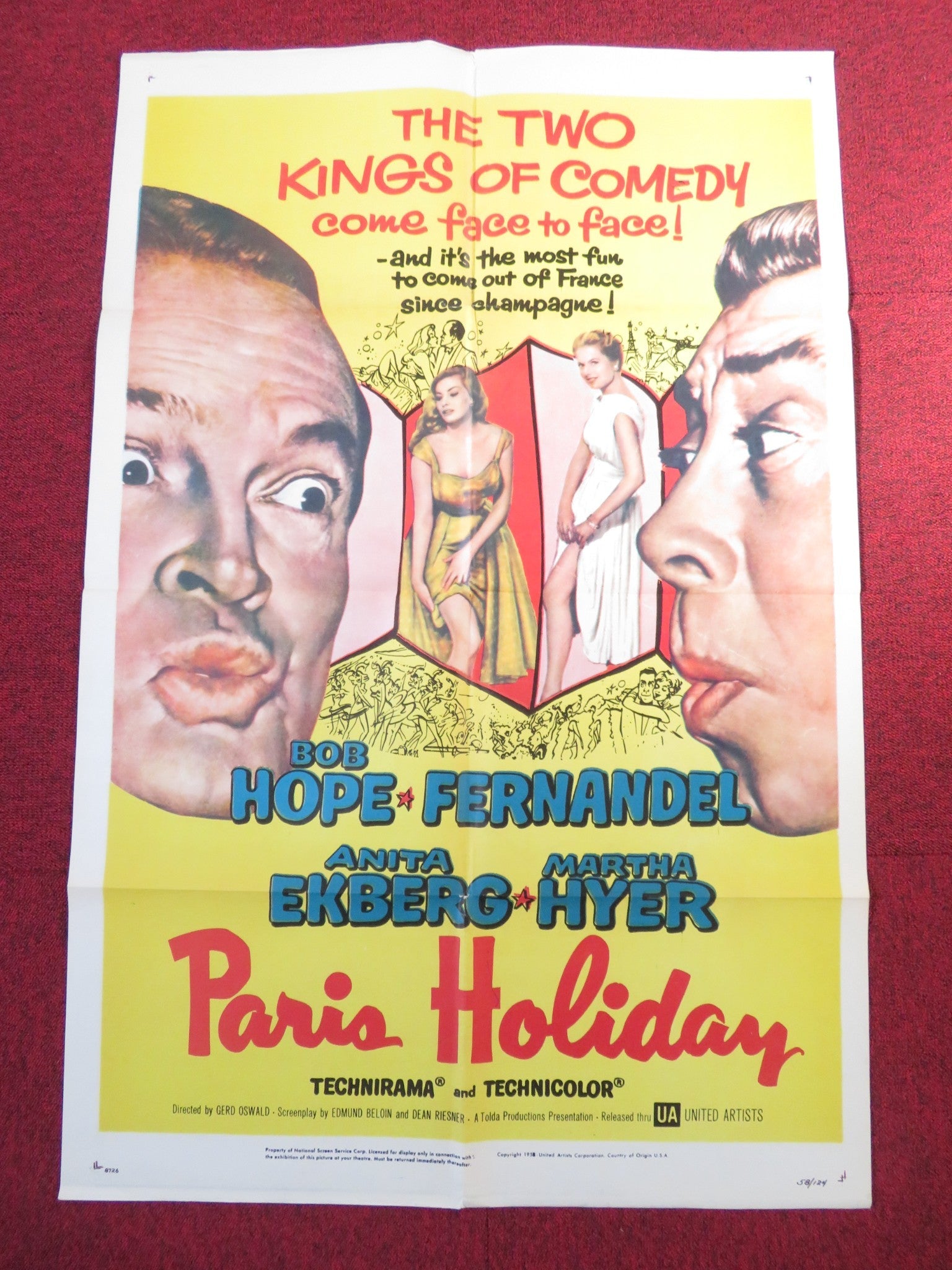 PARIS HOLIDAY FOLDED US ONE SHEET POSTER BOB HOPE FERNANDEL 1958 Rendezvous Cinema Movie posters