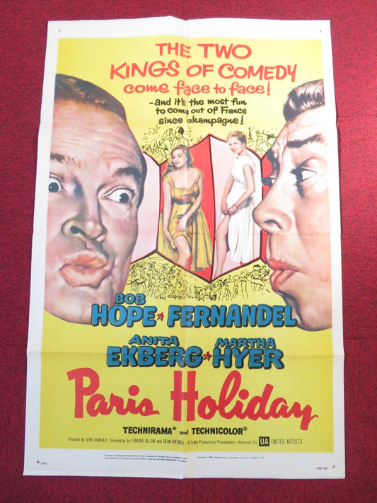 PARIS HOLIDAY FOLDED US ONE SHEET POSTER BOB HOPE FERNANDEL 1958 Rendezvous Cinema Movie posters