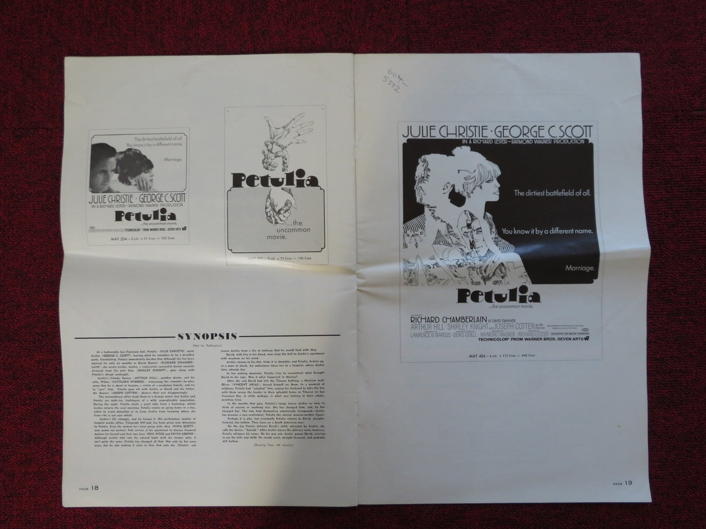 PETULIA UNCUT WARNER BROS. FOLDED PRESS BOOK JULIE CHRISTIE GEORGE C.SCOTT 1968 Rendezvous Cinema Movie posters
