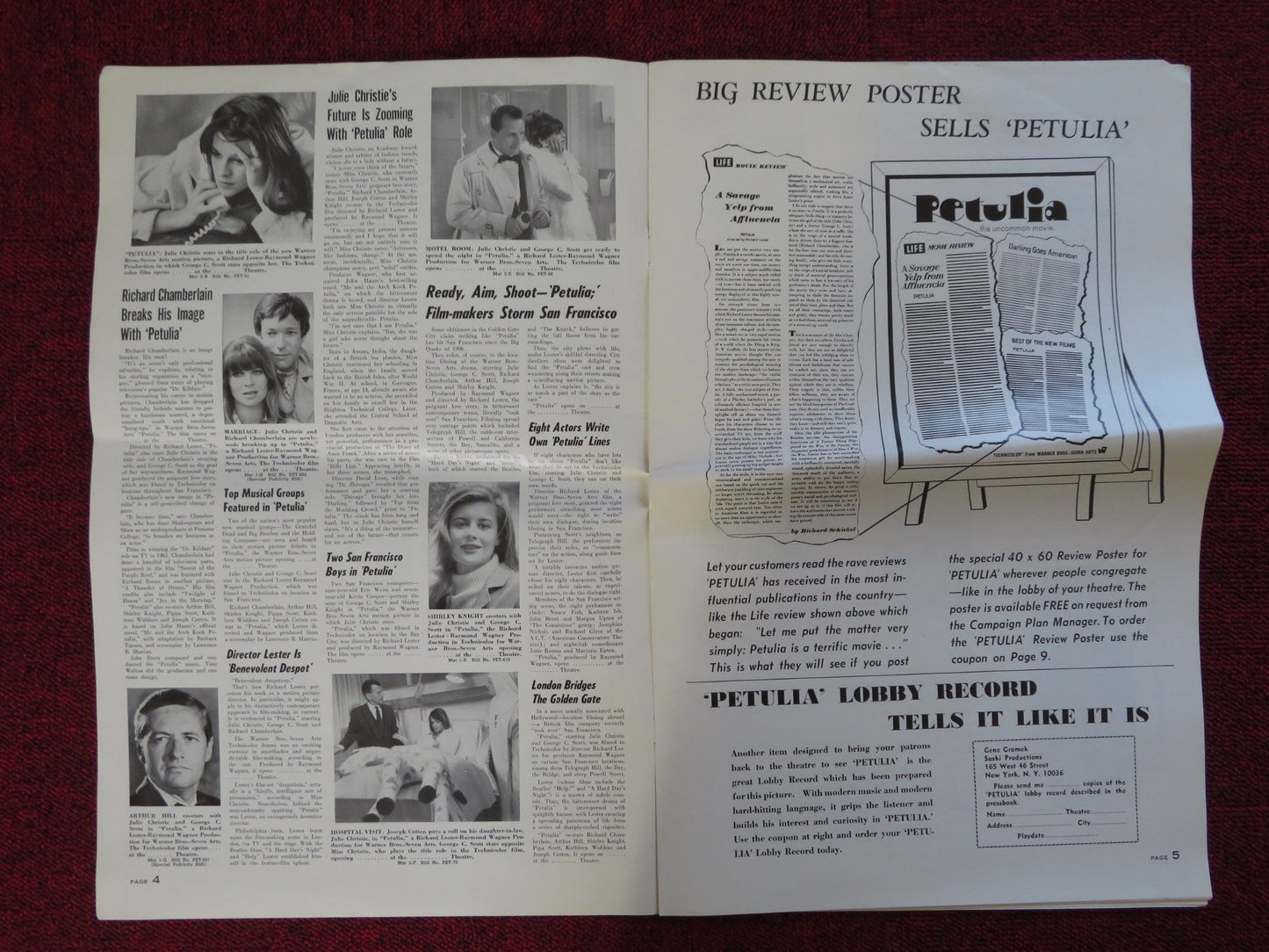 PETULIA UNCUT WARNER BROS. FOLDED PRESS BOOK JULIE CHRISTIE GEORGE C.SCOTT 1968 Rendezvous Cinema Movie posters