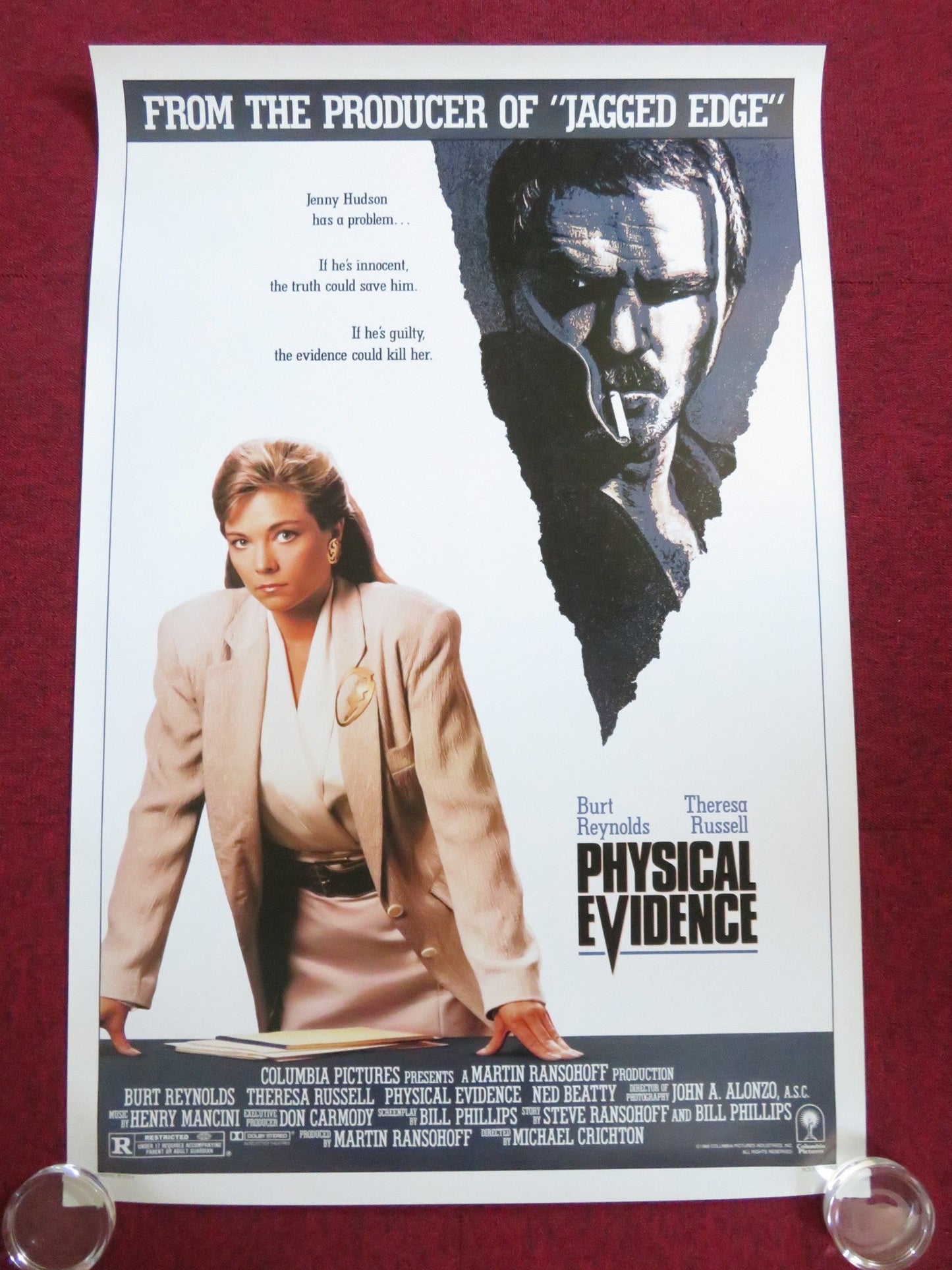 PHYSICAL EVIDENCE US ONE SHEET ROLLED POSTER BURT REYNOLDS THERESA RUSSELL 1989 Rendezvous Cinema Movie posters