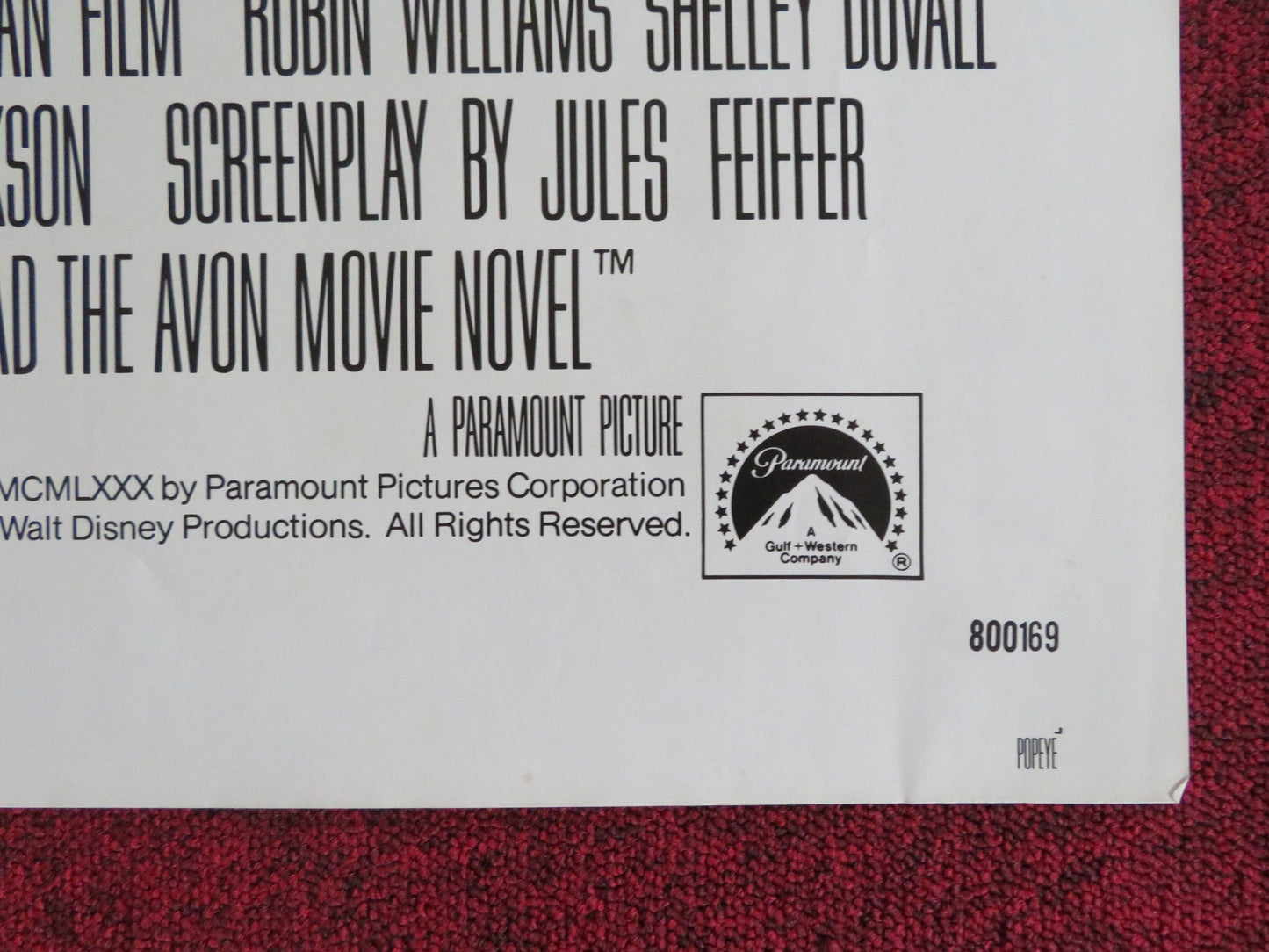 POPEYE FOLDED US ONE SHEET POSTER ROBIN WILLIAMS SHELLEY DUVALL 1980 Rendezvous Cinema Movie posters