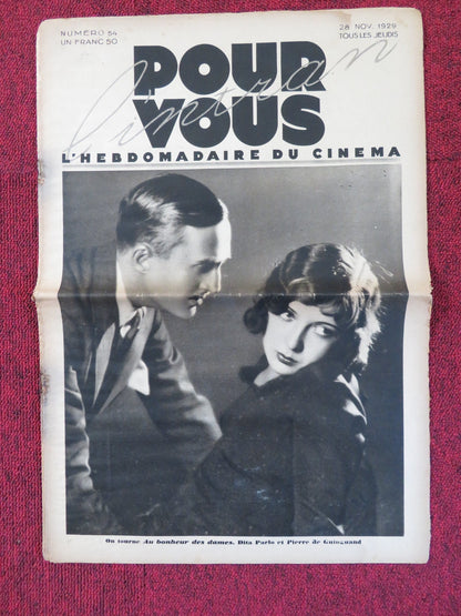 POUR VOUS CINEMA NO. 54 - FRENCH CINEMA + FILM WEEKLY NEWSPAPER DITA PARLO 1929 Rendezvous Cinema Movie posters