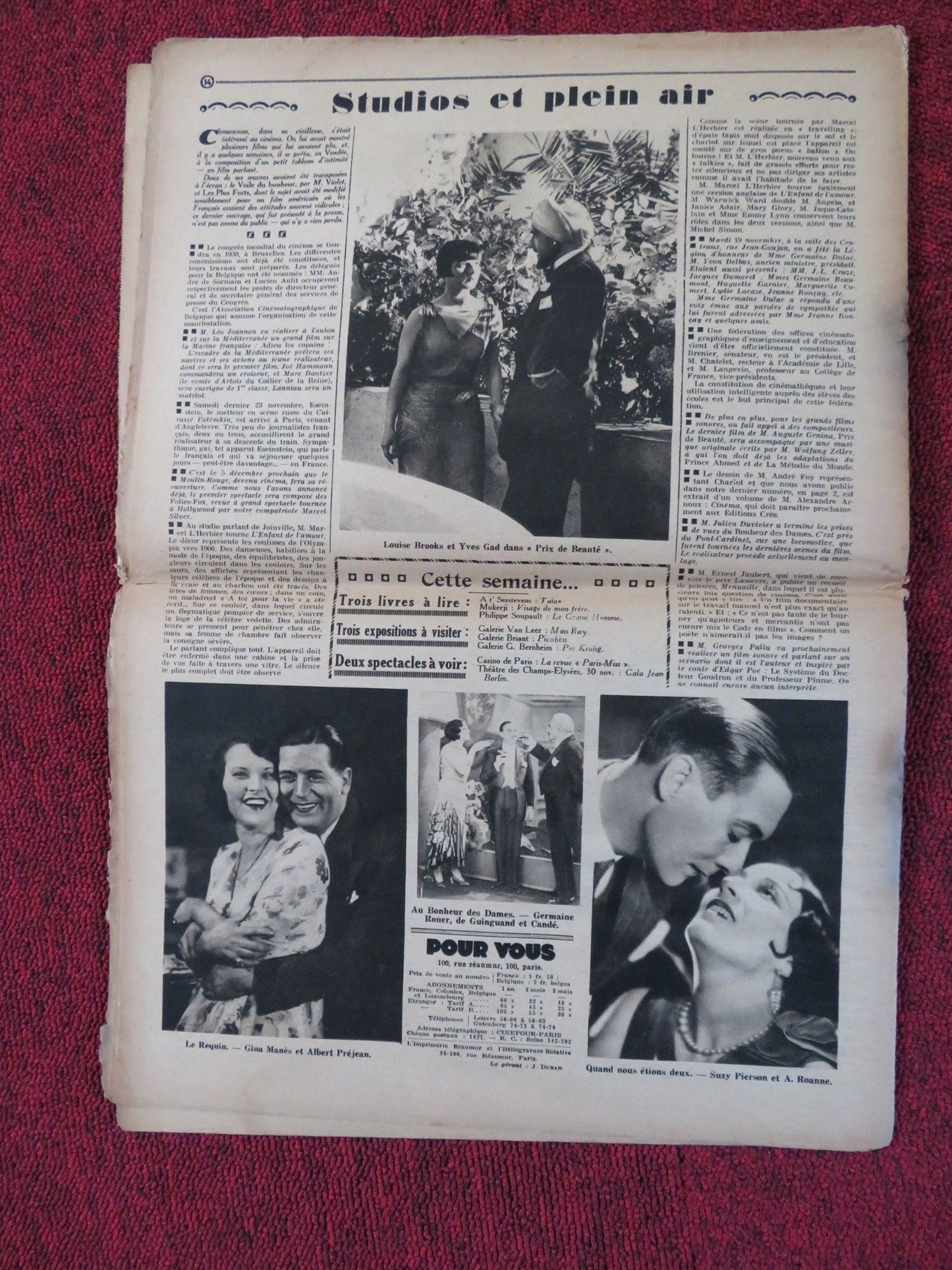 POUR VOUS CINEMA NO. 54 - FRENCH CINEMA + FILM WEEKLY NEWSPAPER DITA PARLO 1929 Rendezvous Cinema Movie posters