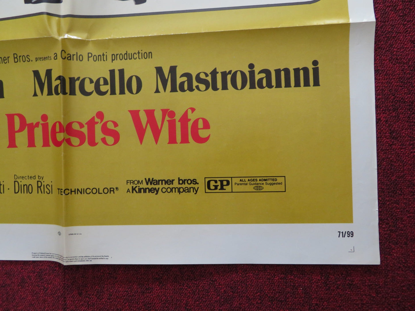 PRIEST'S WIFE FOLDED US ONE SHEET POSTER SOPHIA LOREN MARCELLO MASTROIANNI 1971 Rendezvous Cinema Movie posters